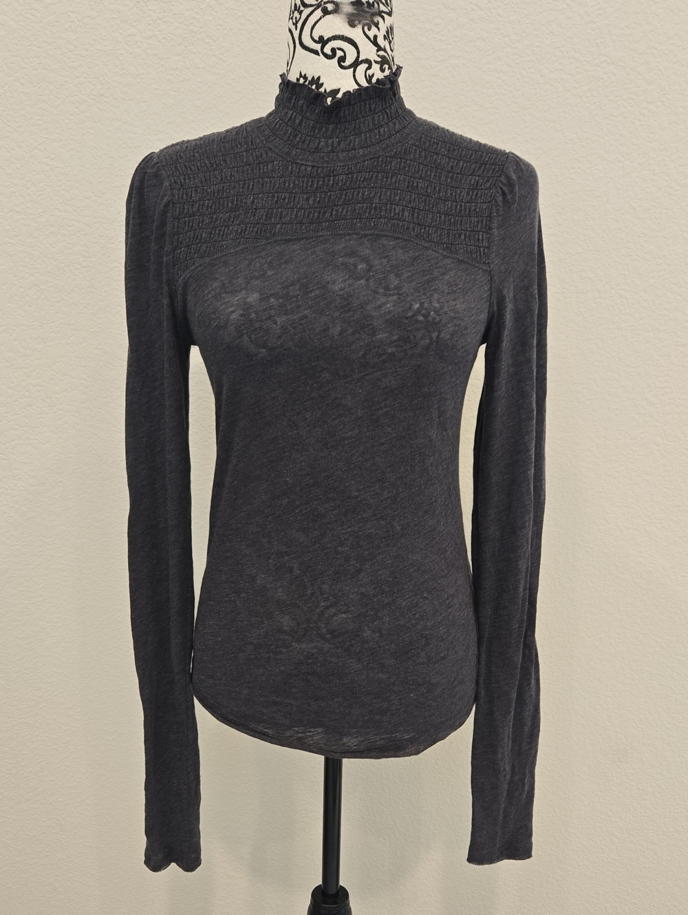NWT Free People Women's Long Sleeve Smocked Mock Neck Top - Charcoal